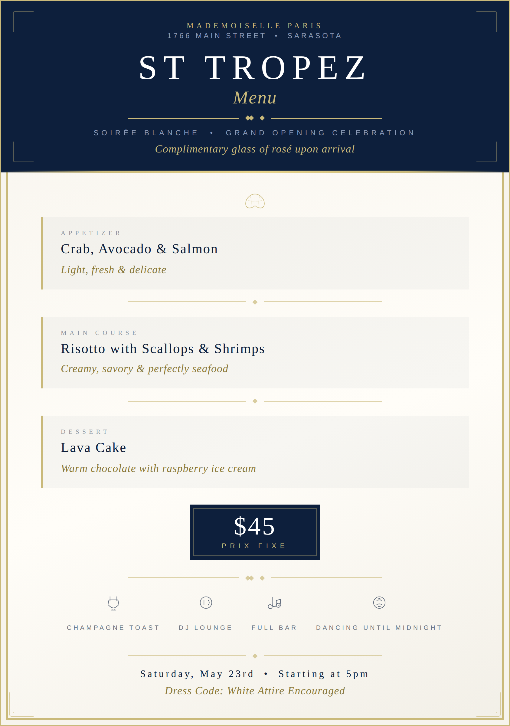 St Tropez Prix Fixe Menu &mdash; Mademoiselle Paris Grand Opening